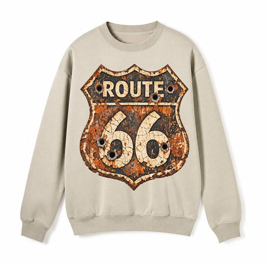 Weathered Marker Rust Aged Route 66 Sign Desert Sun Bleached Fleece Sweatshirt – Light Khaki