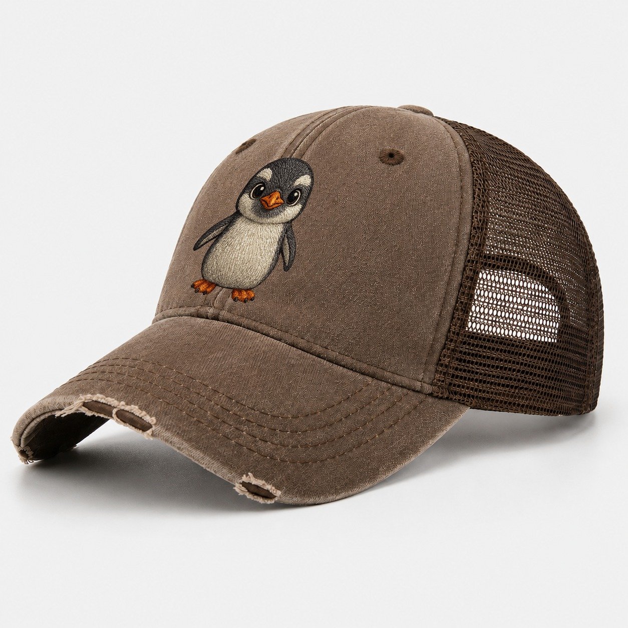Baby Gentoo Penguin Orange Beak White Cap Bright Eyes Front Washed Trucker Hat – Coffee