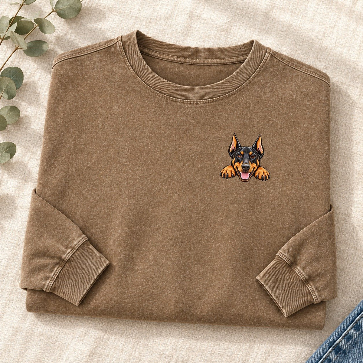 Doberman Left Chest Washed Long Sleeve T-Shirt – Coffee