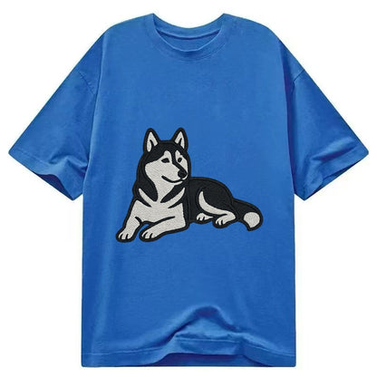 Siberian Husky Black And White Relaxed Lying Down With Head Classic T-shirt – Blue
