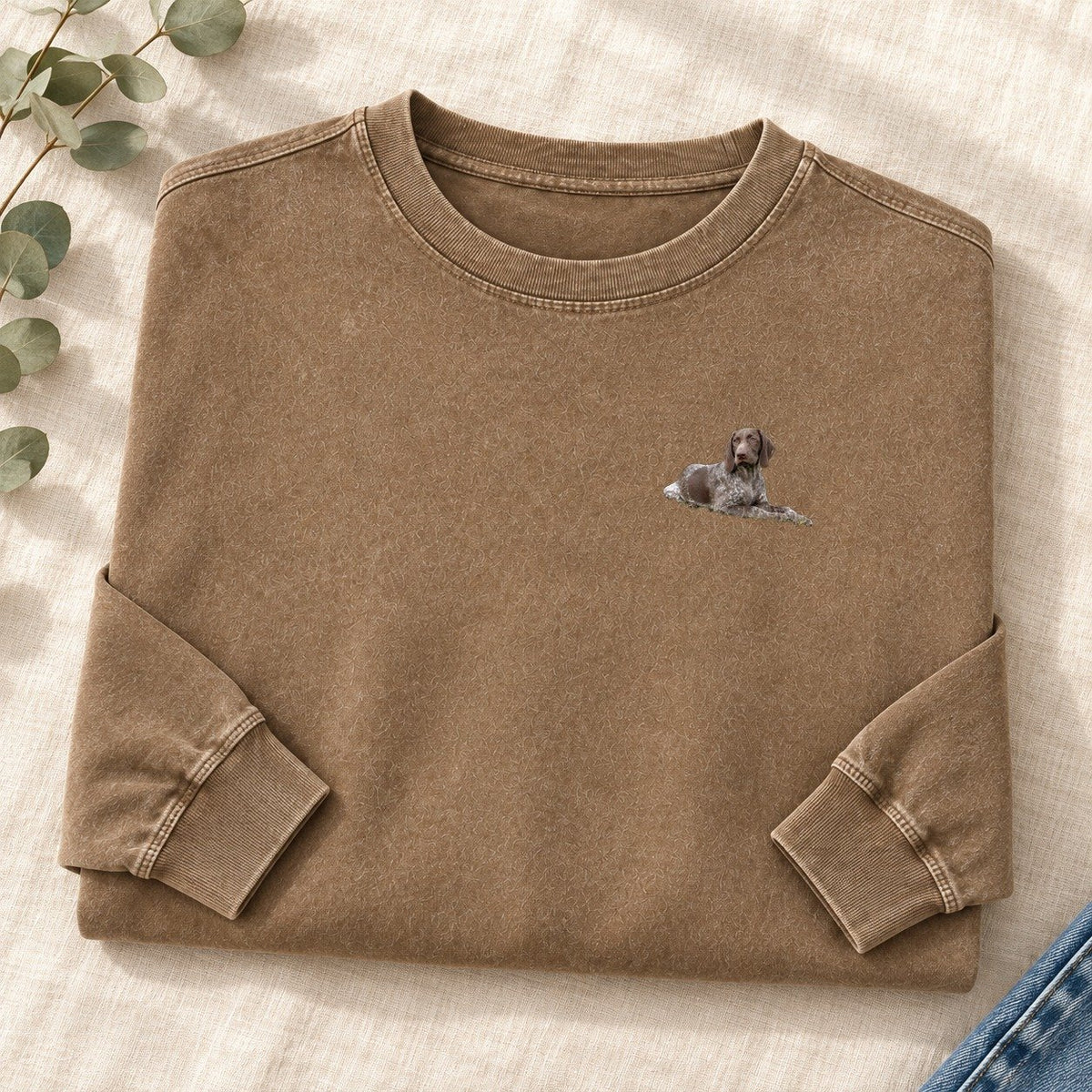 German Shorthaired Pointer Left Chest Washed Long Sleeve T-Shirt – Coffee