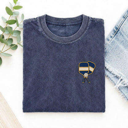 Pickleball Paddles Symbol Emblems Left Chest Vintage T-shirt – Blue