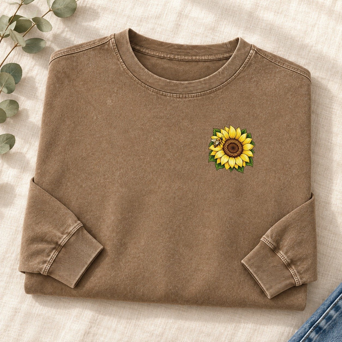 Vintage Sunflower Left Chest Washed Long Sleeve T-Shirt – Coffee