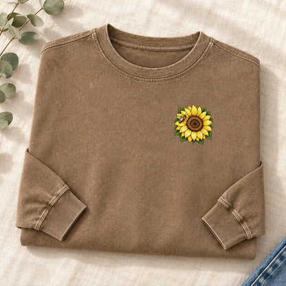 Vintage Sunflower Left Chest Washed Long Sleeve T-Shirt – Coffee
