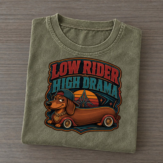 Low Rider High Drama Dachshund Vintage T-shirt – Army Green