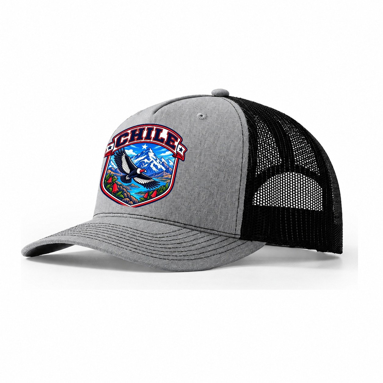 Chile Retro Badge Country Logos Trucker Hat – Sport Grey Black