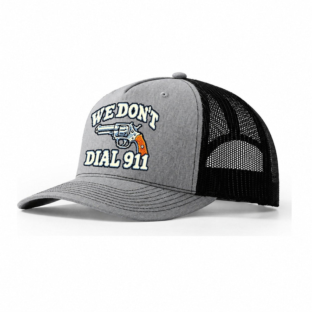 Arcade Pixel We Don't Dial 911 Trucker Hat – Sport Grey Black