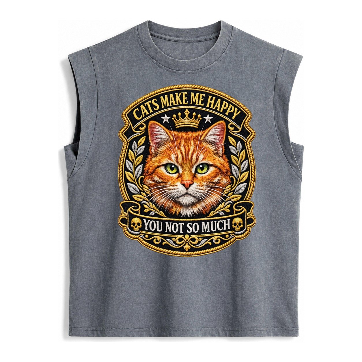 Cats Make Me Happy You Not So Much Cat Face In Orange Cat Pr Vintage Washed Tank – Grey
