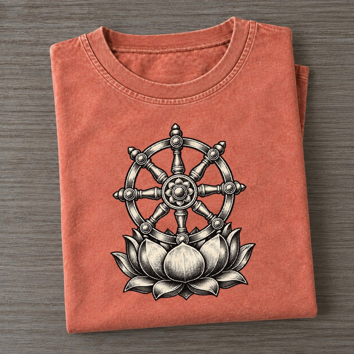 Buddhist Eight Spoke Wheel World Faiths Ink Figures Vintage T-shirt – Terracotta