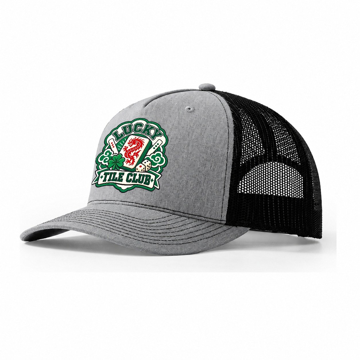 Lucky Tile Club Mahjong Game Night Trucker Hat – Sport Grey Black