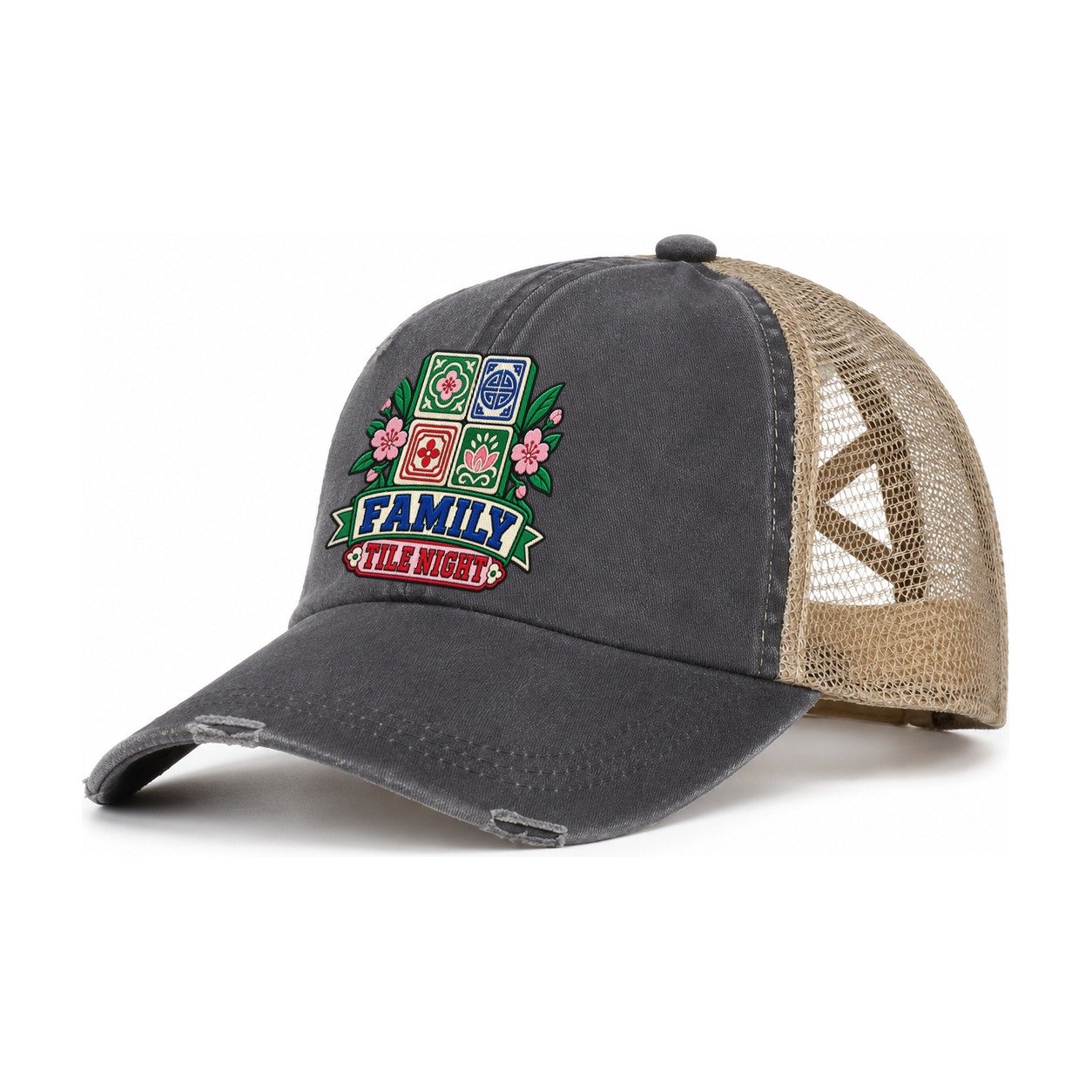 Family Tile Night Mahjong Game Night Women's Ponytail Trucker Hat – Charcoal Khaki