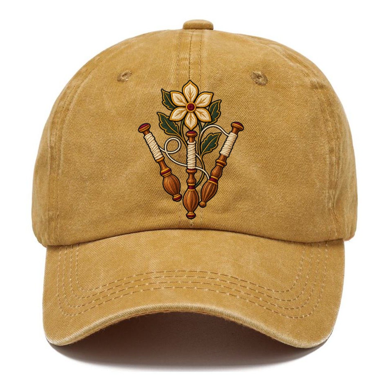 Three Lace Bobbins And Six Petal Linen Bloom Uk Culture Heritage Classic Cap – Golden Harvest
