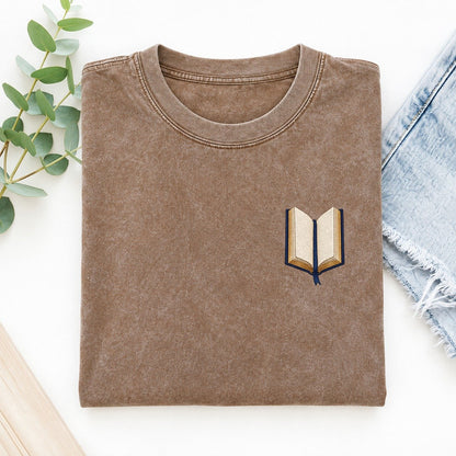 Open Book Symbol Emblems Left Chest Vintage T-shirt – Brown