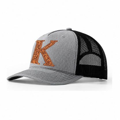 Tooled Leather K Monogram Trucker Hat – Sport Grey Black