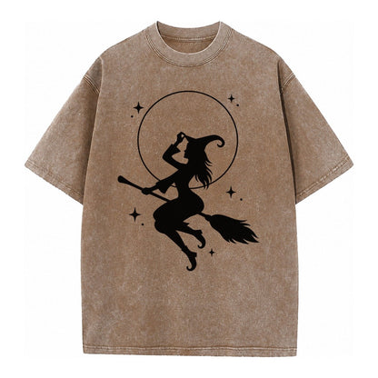 Witch On Broom Vintage T-shirt – Brown