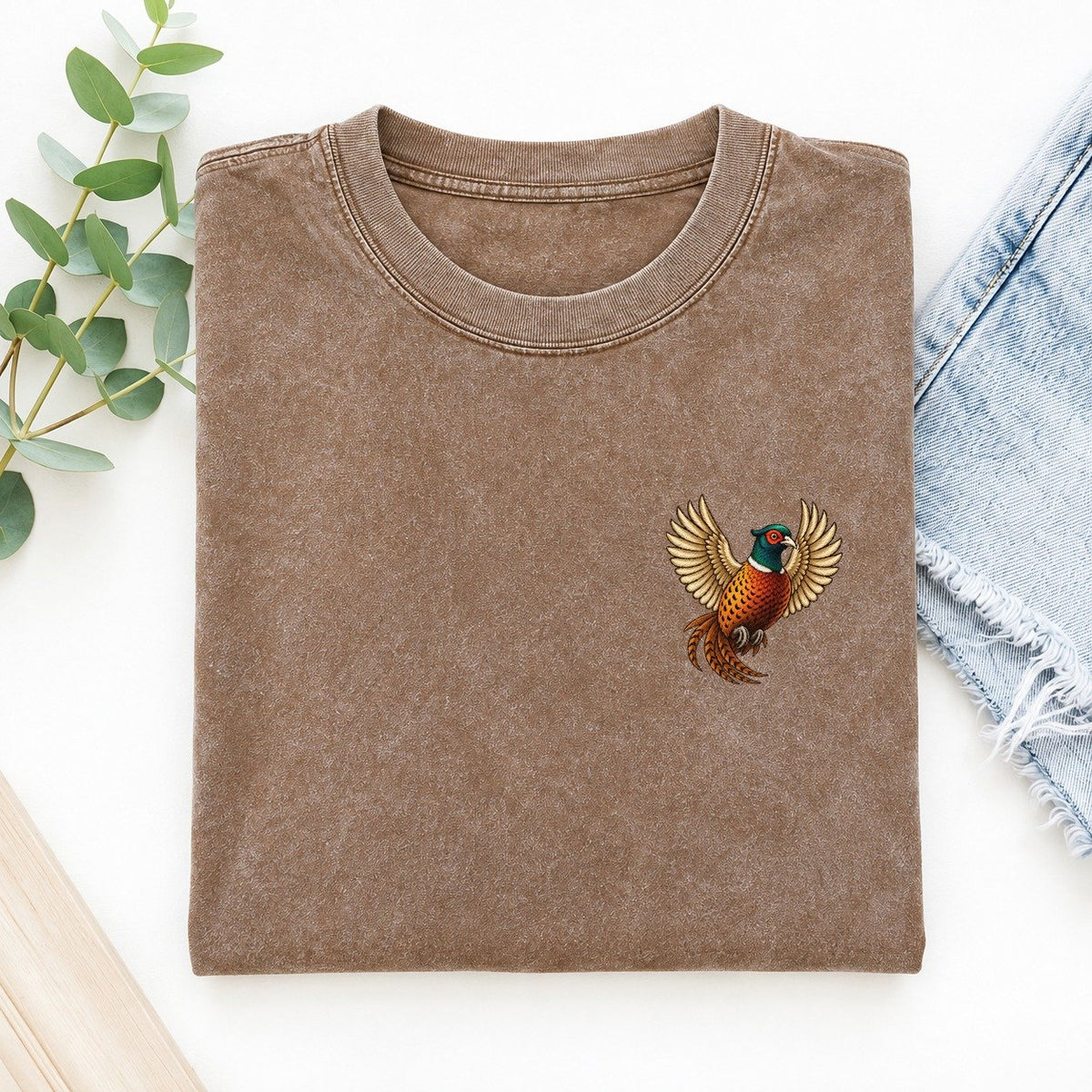 Pheasant In Flight Left Chest Vintage T-shirt – Brown