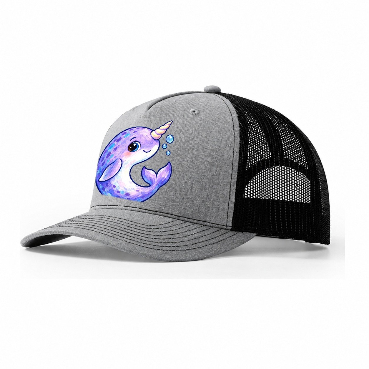 Narwhal Crescent Curl Sea Sprite Trucker Hat – Sport Grey Black
