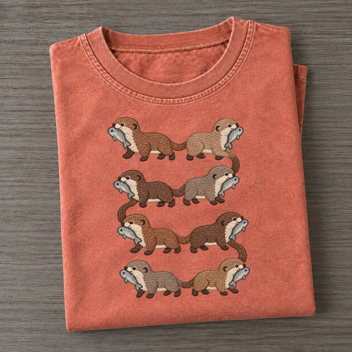 Otters With Fish Single File Vintage T-shirt – Terracotta