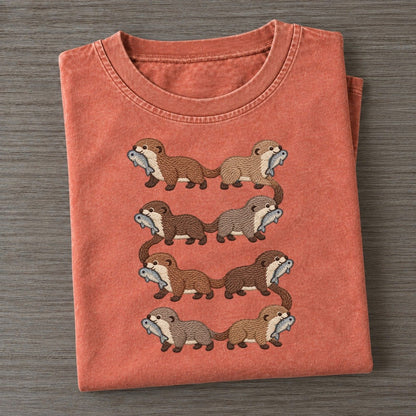 Otters With Fish Single File Vintage T-shirt – Terracotta