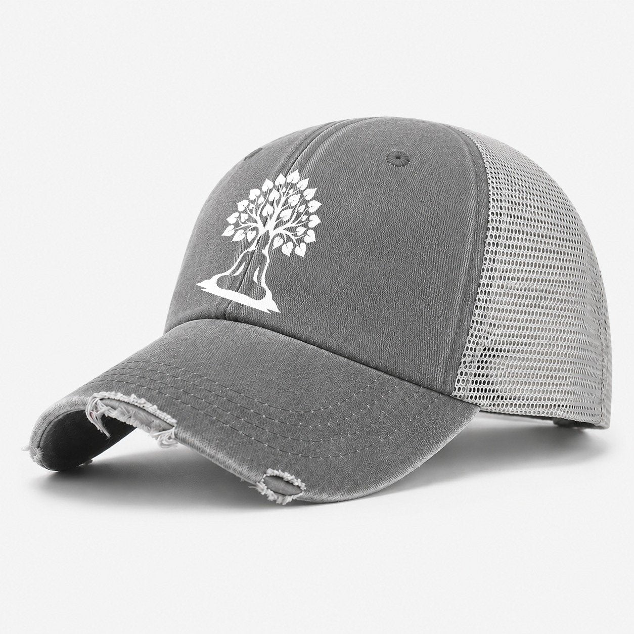 Buddha Silhouette Meditating Negative Space Forms Bodhi Tree Washed Trucker Hat – Grey