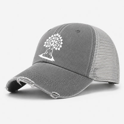 Buddha Silhouette Meditating Negative Space Forms Bodhi Tree Washed Trucker Hat – Grey