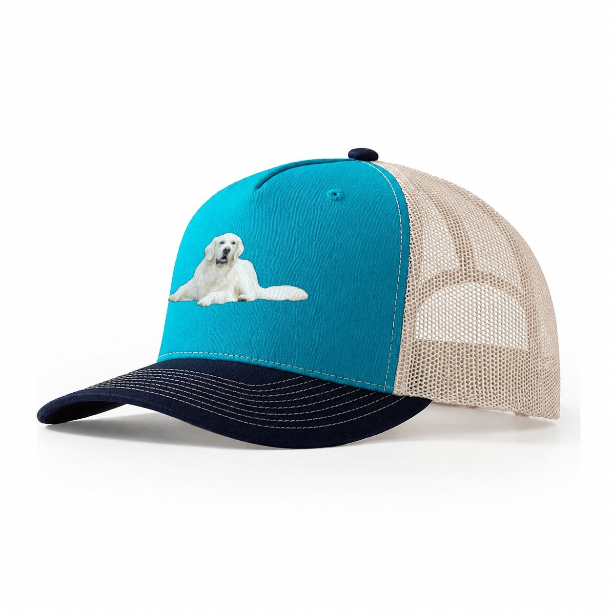 White English Cream Golden Retrievers Trucker Hat – Teal Navy