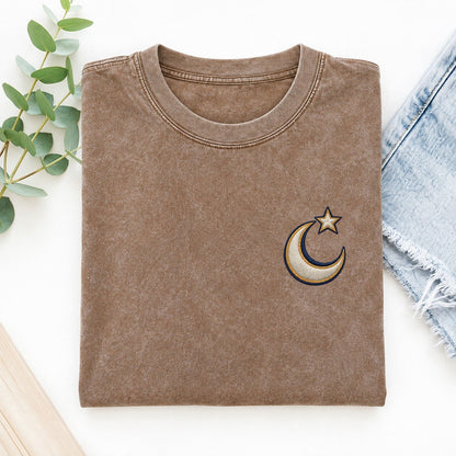 Crescent Star Symbol Emblems Left Chest Vintage T-shirt – Brown