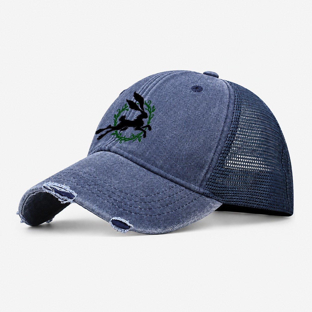 Celtic Hare Familiar Witch Magic Washed Trucker Hat – Navy
