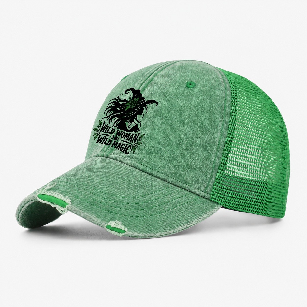 Wild Woman Wild Magic Slogan Witch Magic Washed Trucker Hat – Ink Green