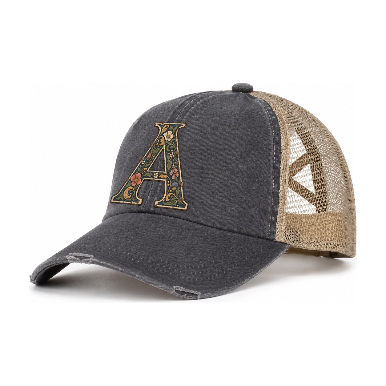 Wildflower A Monogram Women's Ponytail Trucker Hat – Charcoal Khaki