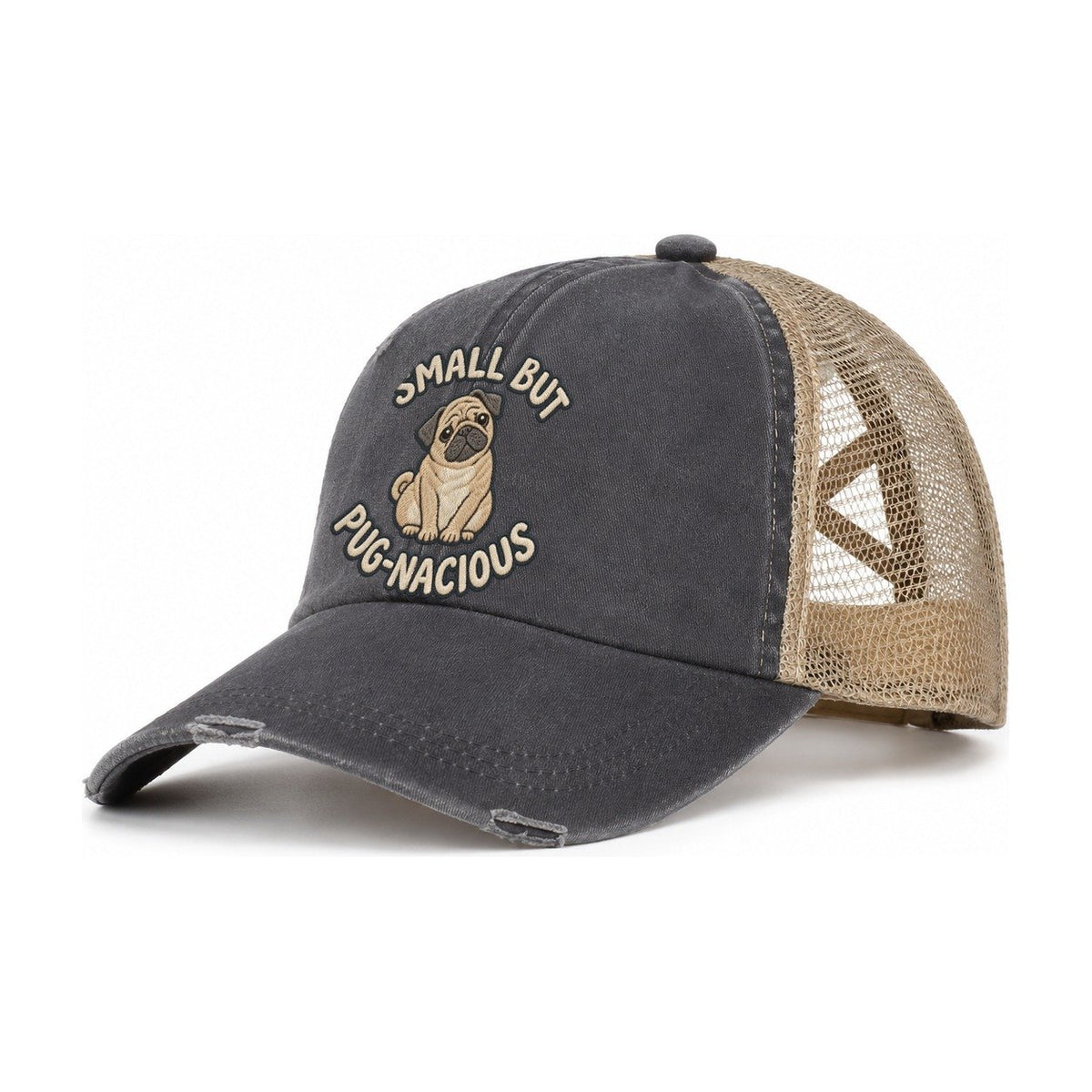 Pug Animal Puns Women's Ponytail Trucker Hat – Charcoal Khaki