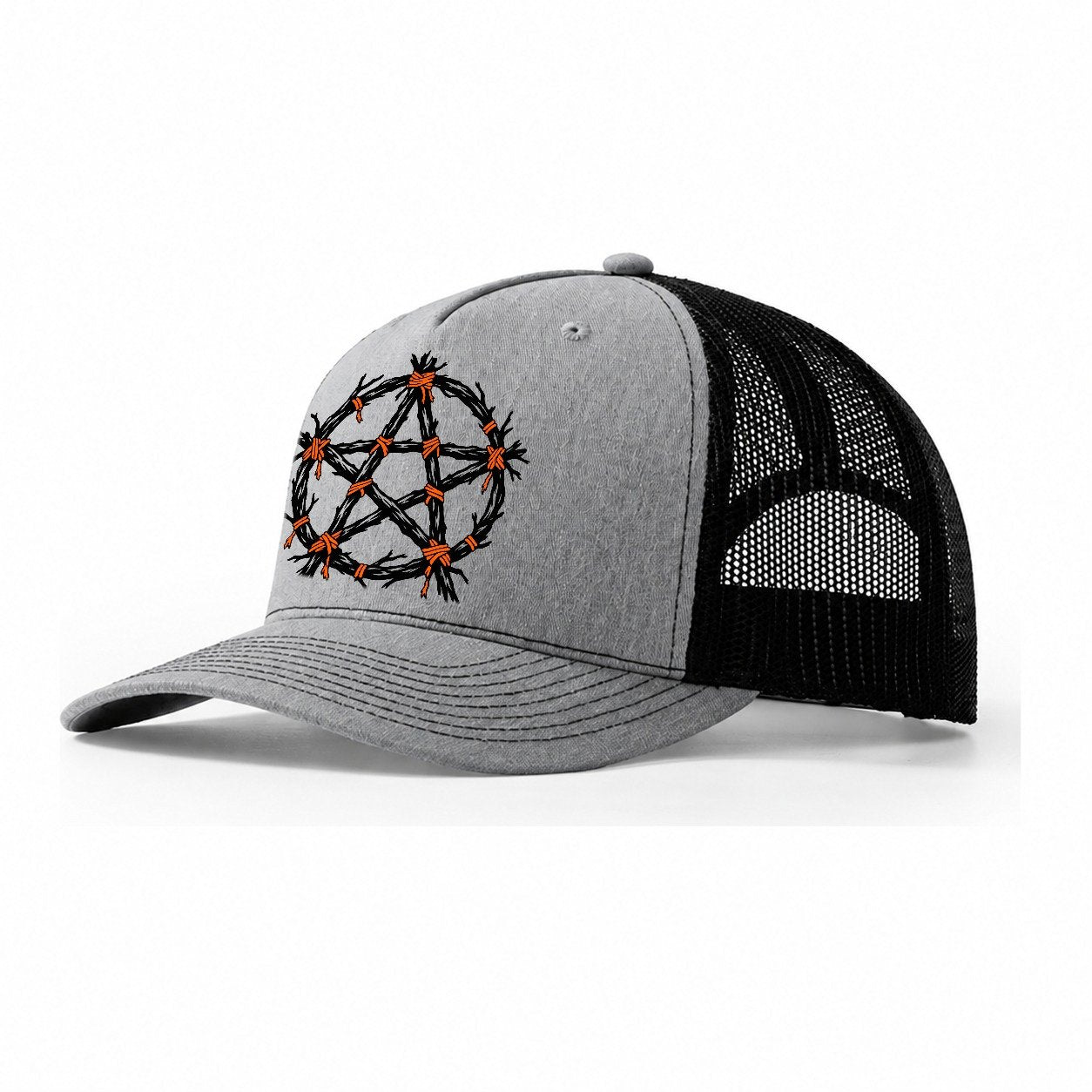 Twig Bound Pentacle Witch Magic Trucker Hat – Sport Grey Black