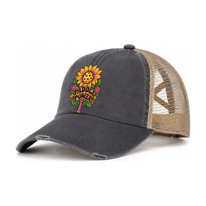 Sunflower Paddle Power Pickleball Life Women's Ponytail Trucker Hat – Charcoal Khaki