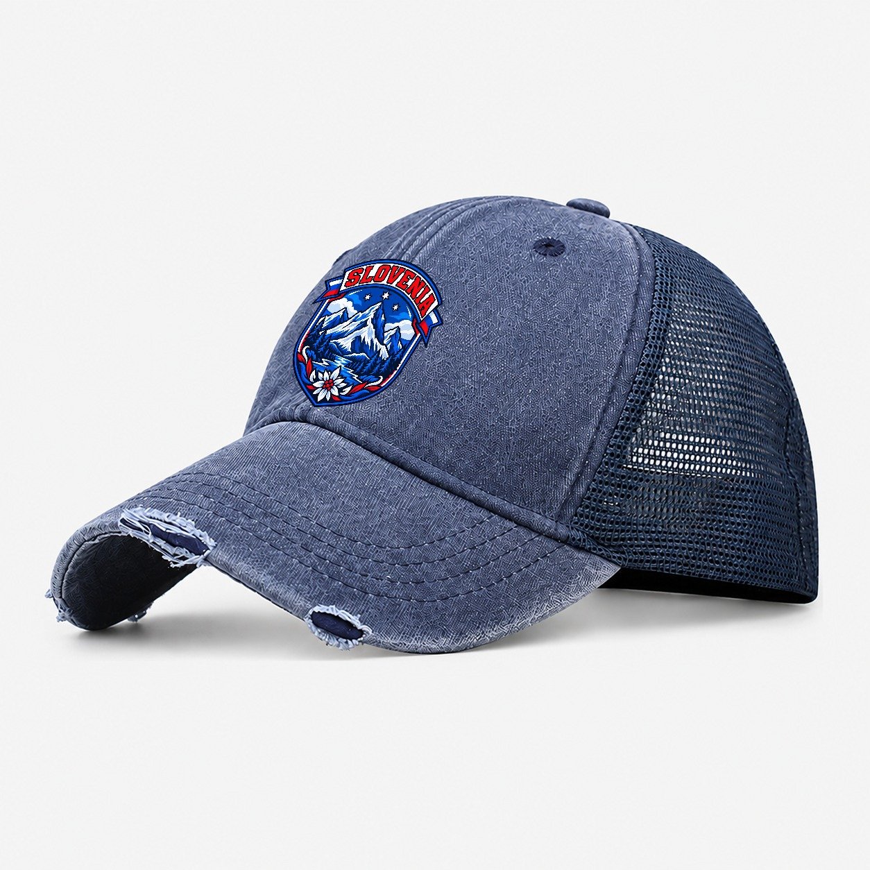 Slovenia Retro Badge Country Logos Washed Trucker Hat – Navy