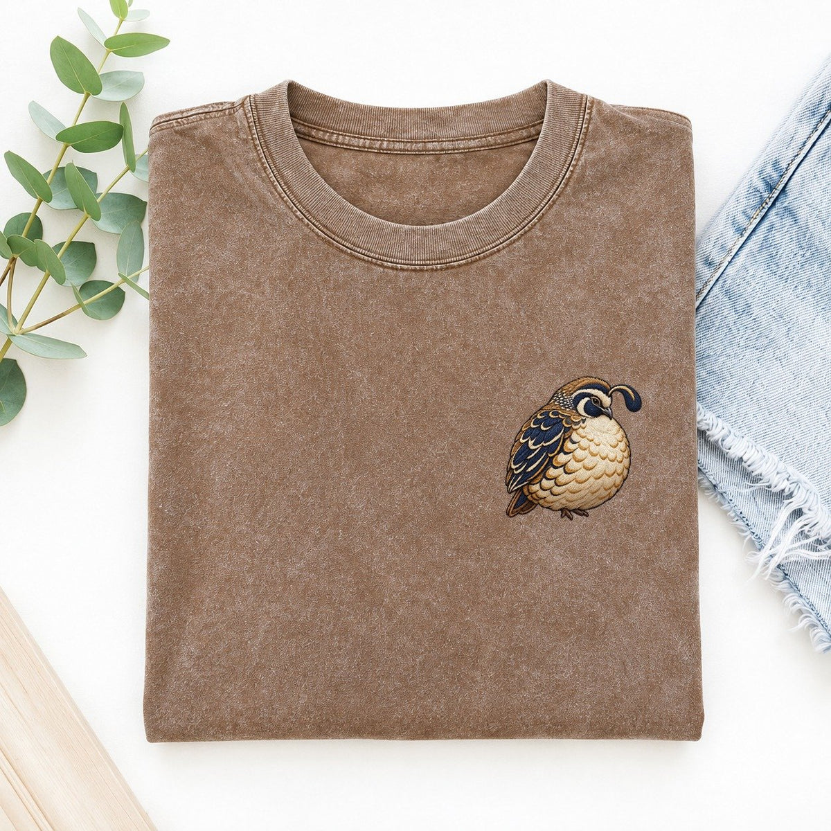 Quail Topknot Turn Left Chest Vintage T-shirt – Brown