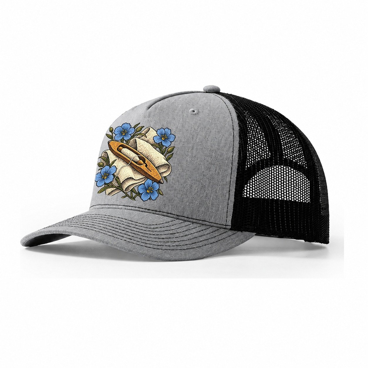 Ulster Linen Shuttle And Flax Uk Culture Heritage Trucker Hat – Sport Grey Black