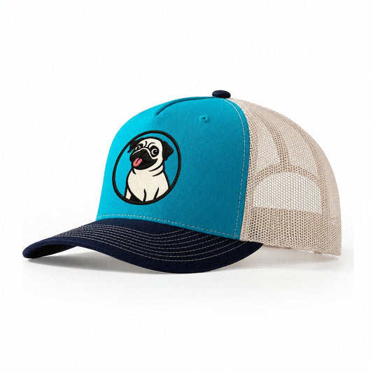 Playful Pug Trucker Hat – Teal Navy