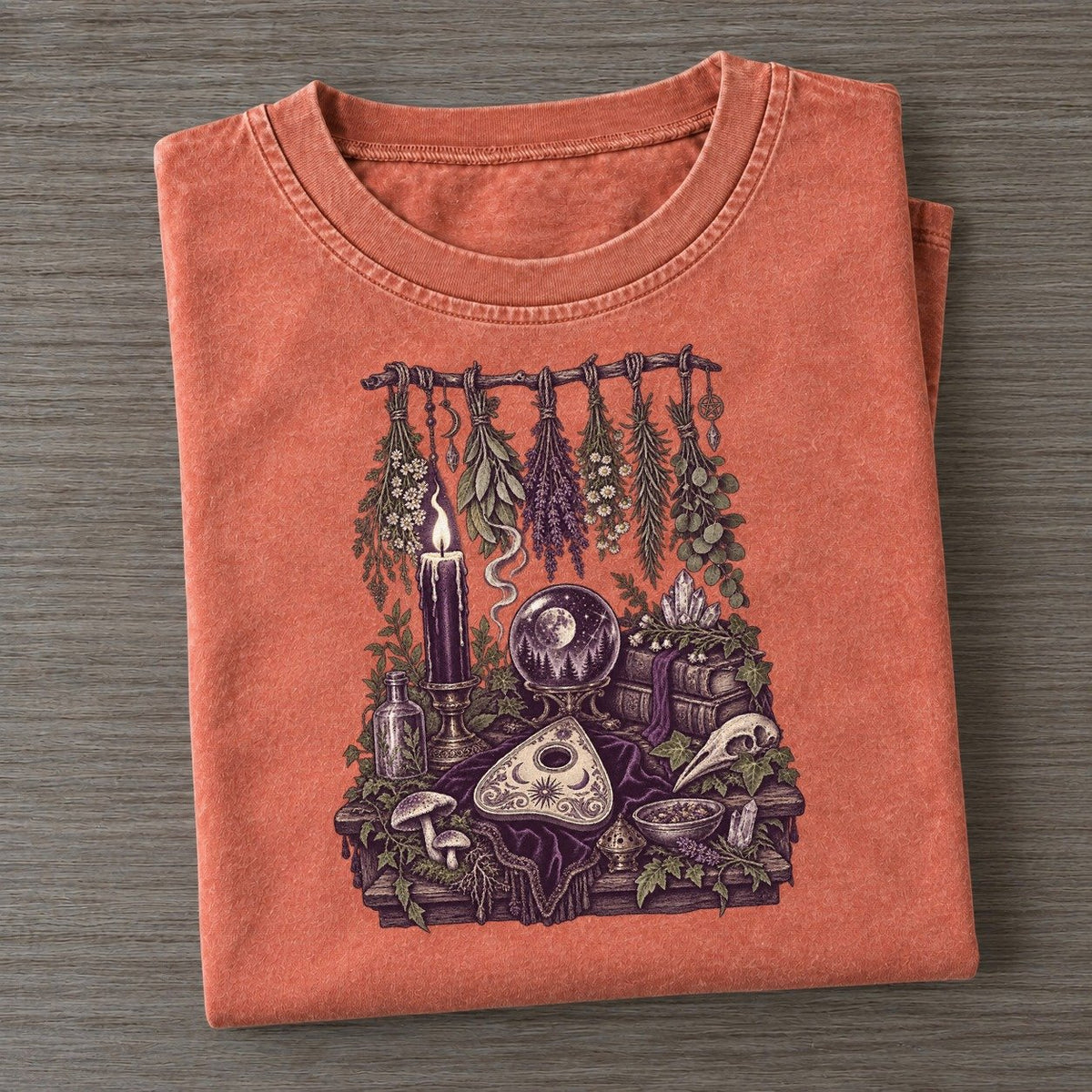 Ouija Planchette Table Midnight Haunt Vintage T-shirt – Terracotta