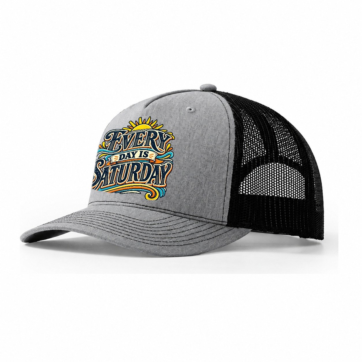 Every Day Is Saturday Retired Living Trucker Hat – Sport Grey Black