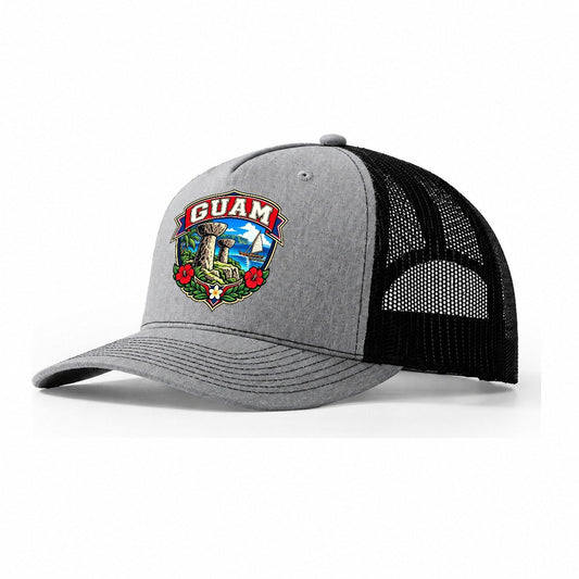 Guam Retro Badge Country Logos Trucker Hat – Sport Grey Black