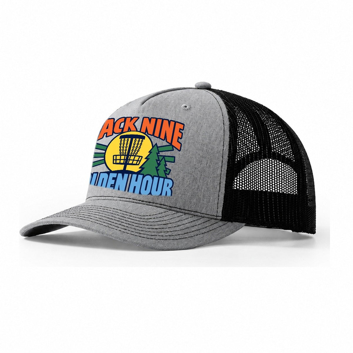 Back Nine Golden Hour Disc Golf Trucker Hat – Sport Grey Black