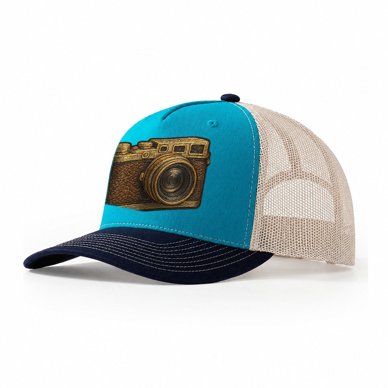 Film Camera Vintage 35mm Camera With Leather And Chrome Trucker Hat – Teal-Navy