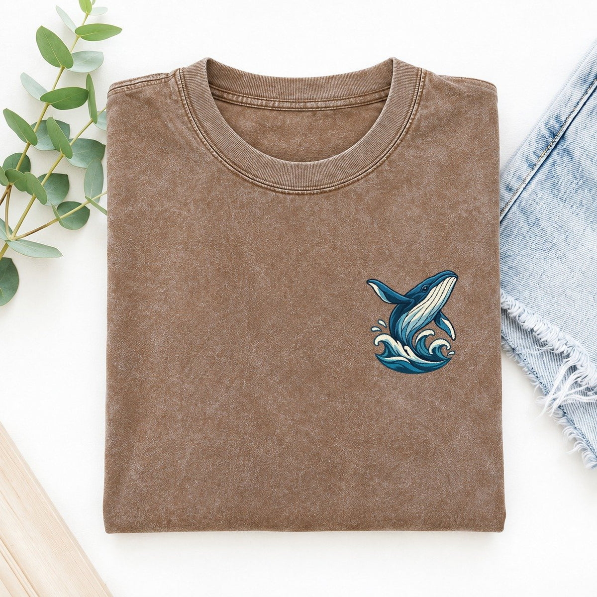 Whale And Waves Left Chest Vintage T-shirt – Brown