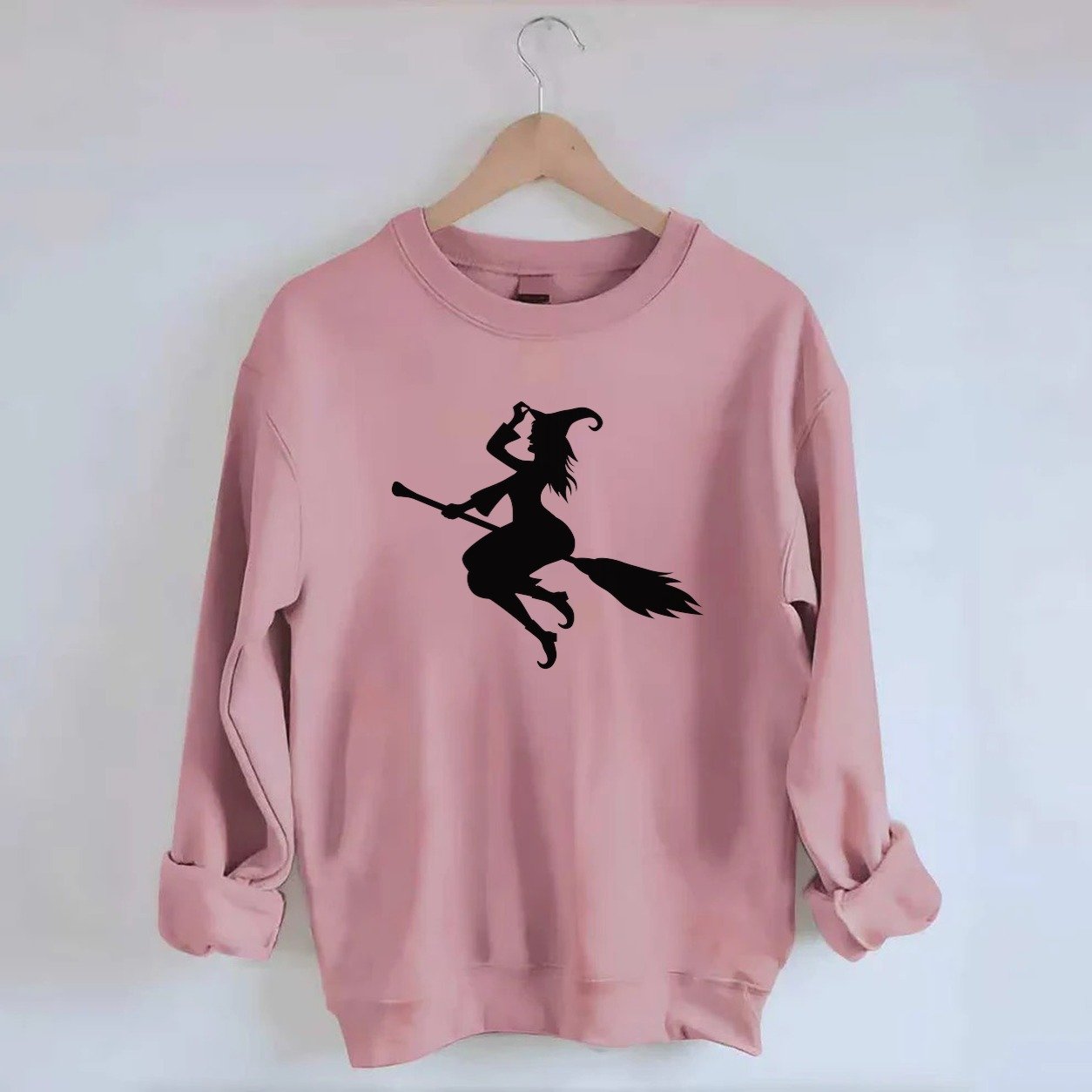 Enchanting Witch On Broom Hat Limited Edition Crewneck Sweatshirt – Pink