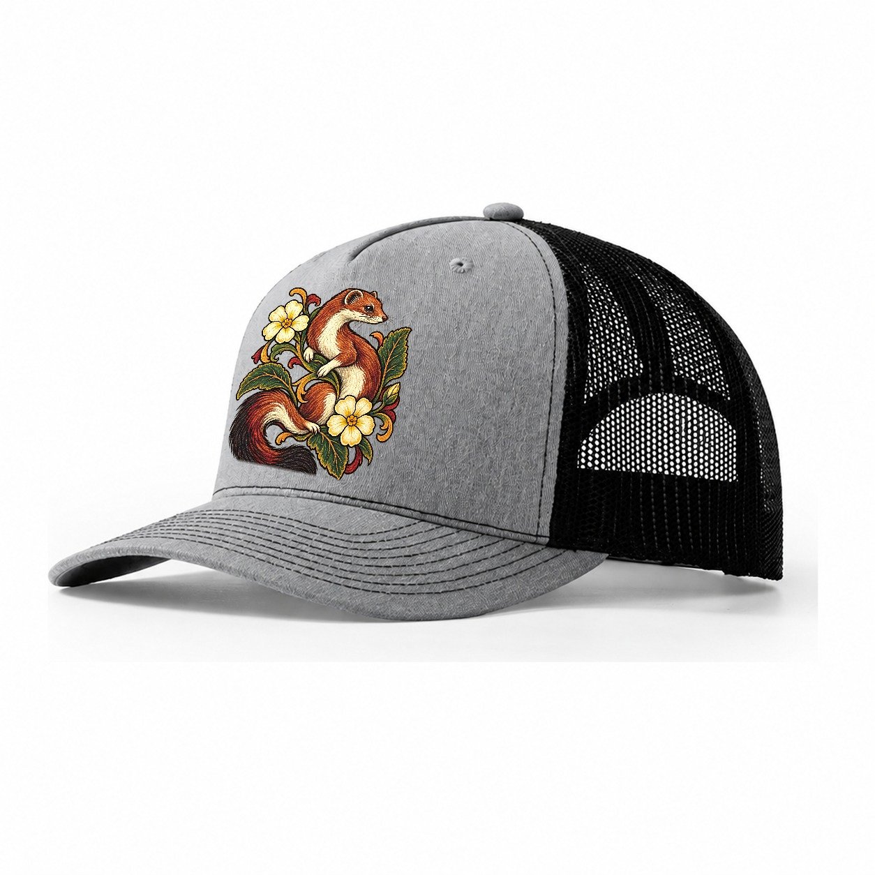 British Stoat And Primrose Uk Culture Heritage Trucker Hat – Sport Grey Black