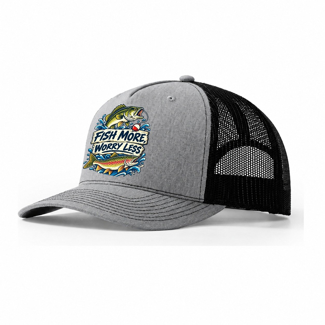 Fish More Worry Less Fishing Elegant Trucker Hat – Sport Grey Black