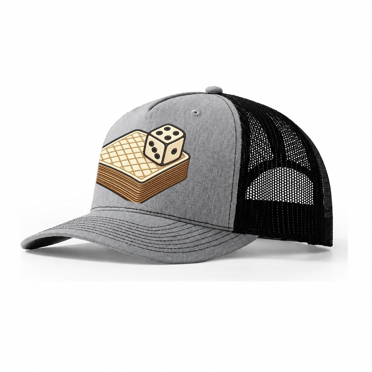 Face Down Card Deck With A Die On Top Board Games Trucker Hat – Sport Grey Black