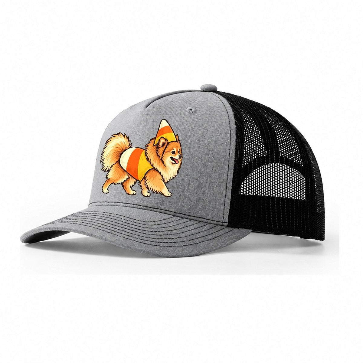 One Pomeranian In Halloween Costume Candy Corn Costume Tri Color Pointed Cone Halloween Dog Parade Trucker Hat – Sport Grey Black