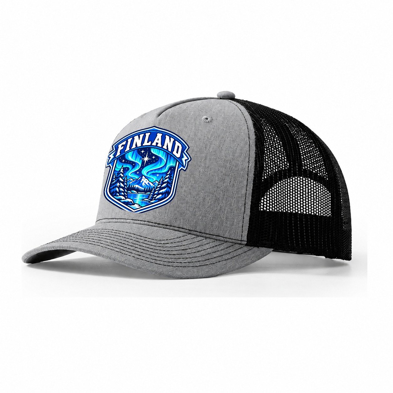 Finland Retro Badge Country Logos Trucker Hat – Sport Grey Black