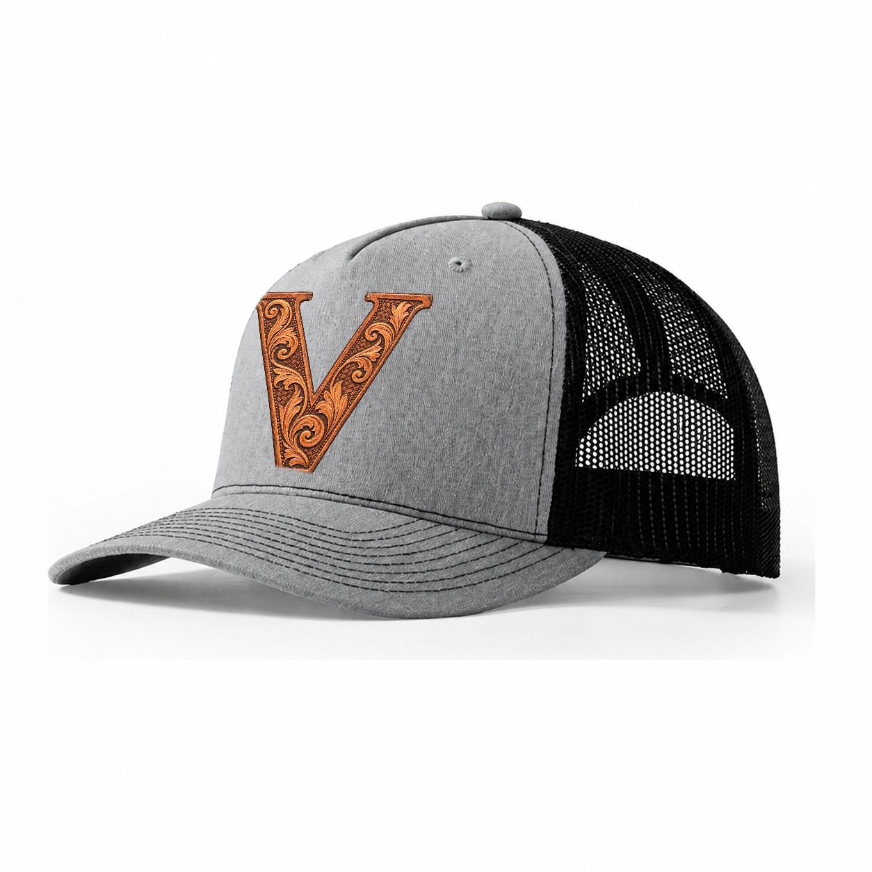 Tooled Leather V Monogram Trucker Hat – Sport Grey Black